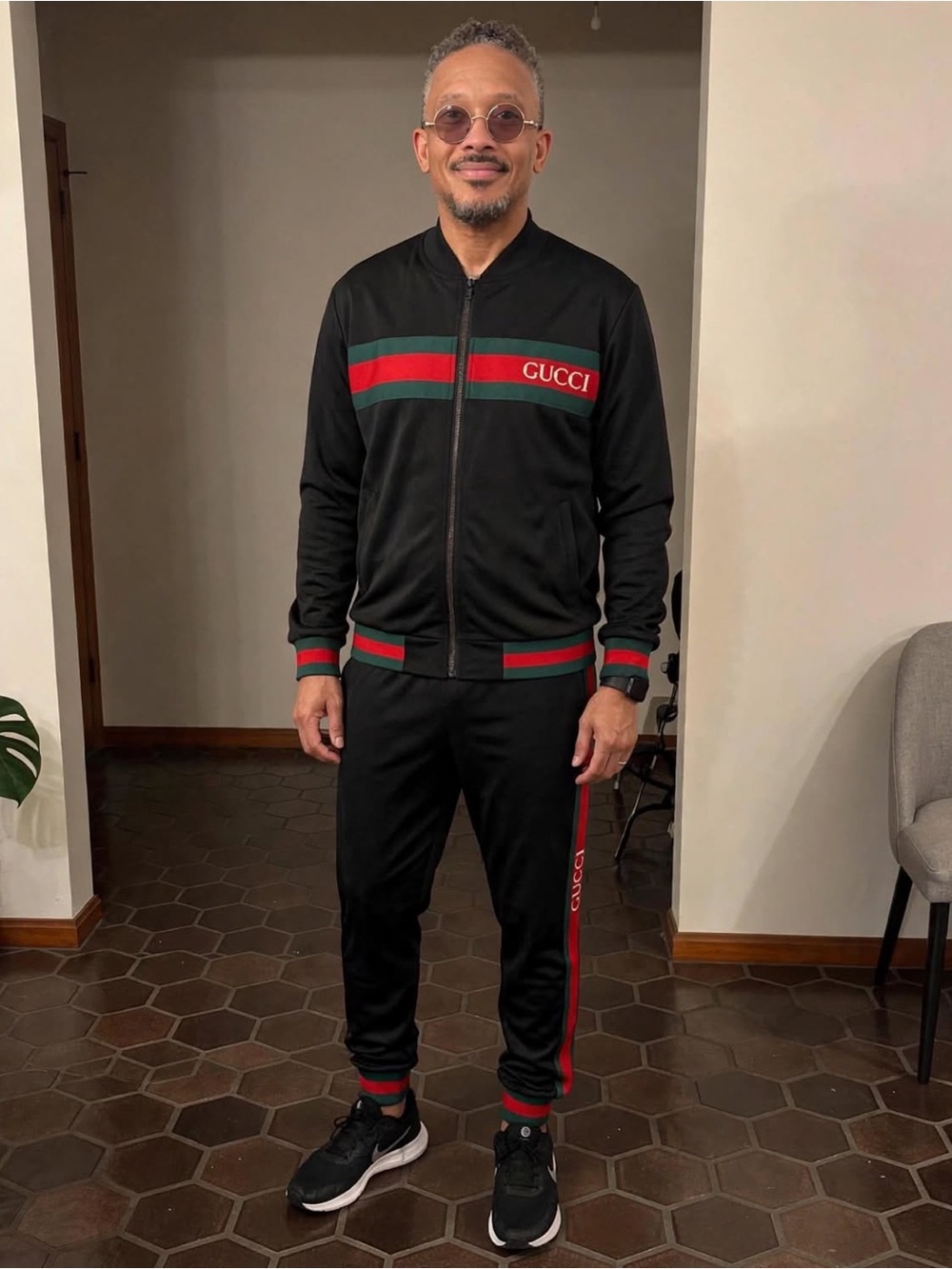 Gucci look alike Clone Black Men's Track Joggers with Red & Green Stripe